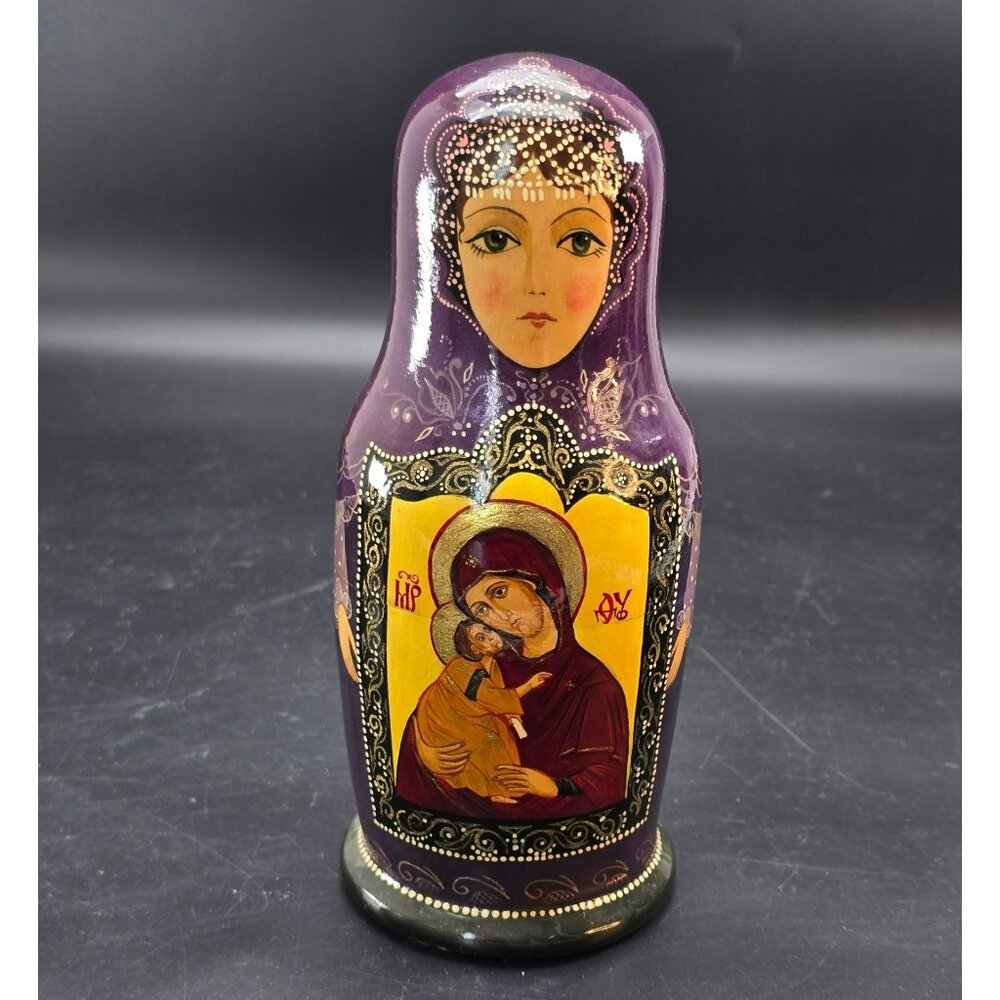 Russian Nesting Dolls With Religious Icons Purple Gold Vintage Decor CR2037